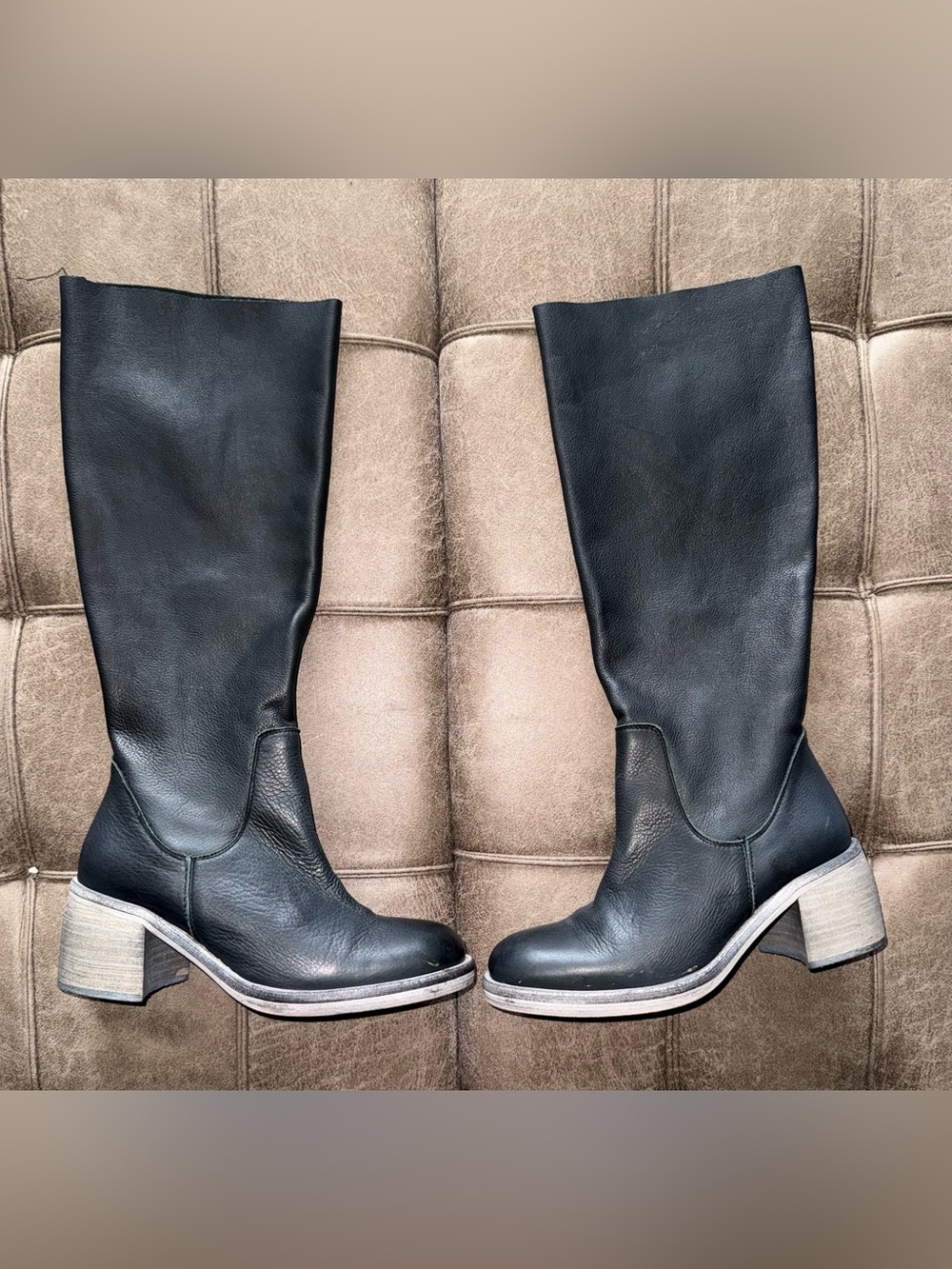 Free People Black Slouchy Boots with Stacked Tan Heel
